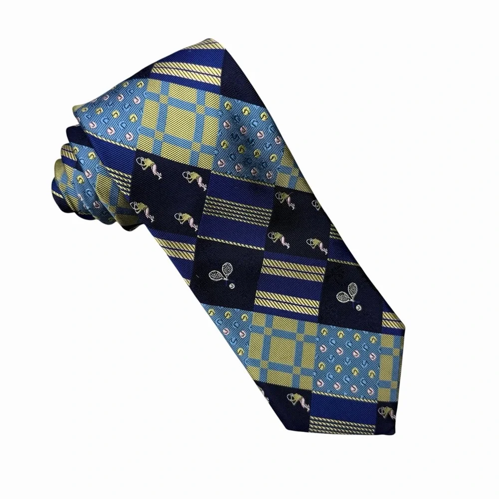 Lilly Pulitzer Palm Beach Patchwork Tie Tennis Players Rackets Silk 3 3/8